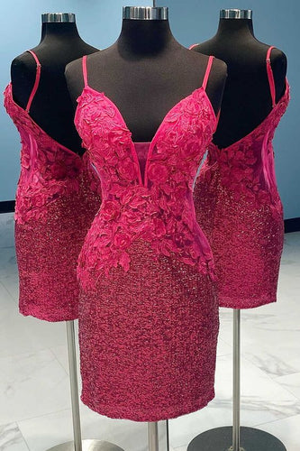Fuchsia Short Homecoming Dress 2023 Tight Spaghetti Straps Sequined Open Back