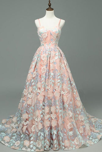 Unique Prom Dress 2024 Spaghetti Straps Floral with Pleats