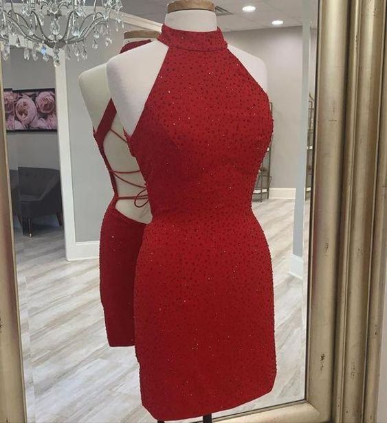 Red Short Homecoming Dress 2023 Tight Halter Neck Sequined Corset Back