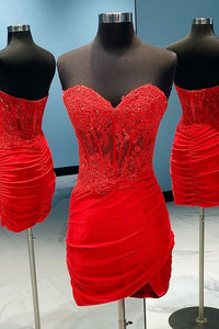 Red Homecoming Dress 2023 Short Tight Strapless Appliques Ruched