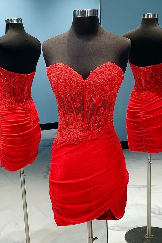 Red Homecoming Dress 2023 Short Tight Strapless Appliques Ruched 24W / Custom Color Red Homecoming Dress 2023 Short Tight Strapless Appliques Ruched 24W / Custom Color