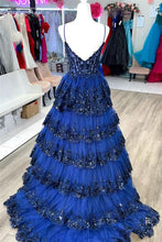 Load image into Gallery viewer, Blue Prom Dress 2024 Spaghetti Straps Tulle Tiered
