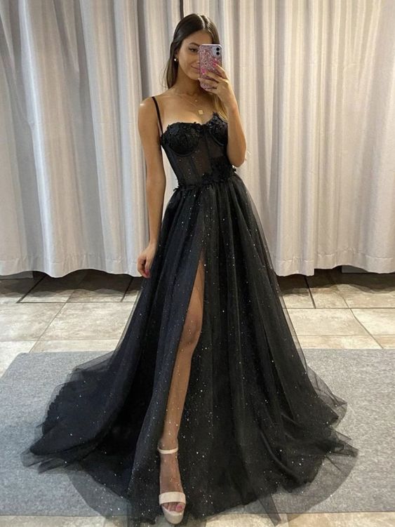 Black Prom Dress 2024 Spaghetti Straps Tulle Sequined with Slit 14 / Blue Black Prom Dress 2024 Spaghetti Straps Tulle Sequined with Slit 14 / Blue