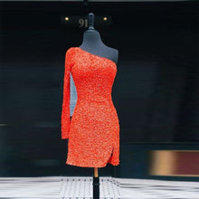 Load image into Gallery viewer, Orange Homecoming Dress 2023 Short One-shoulder Long Sleeve Sequin