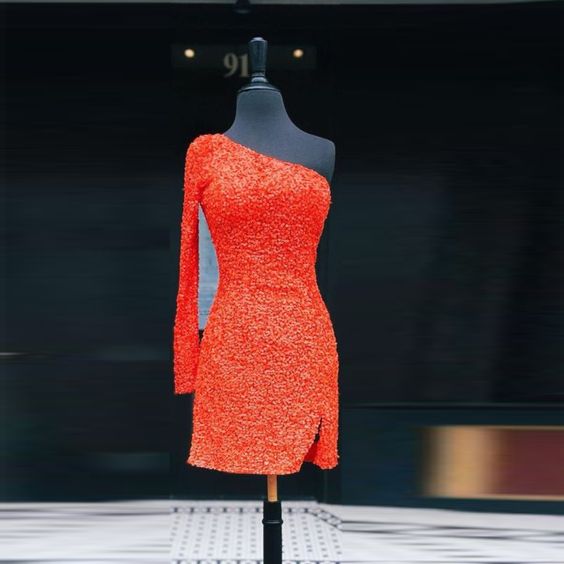 Orange Homecoming Dress 2023 Short One-shoulder Long Sleeve Sequin