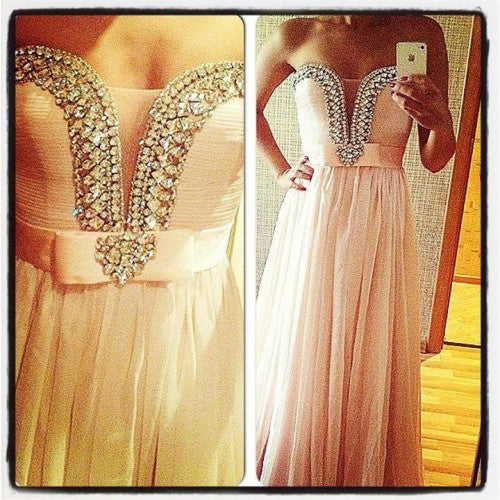 Classic Prom Dress 2024 V Neck Strapless Beaded Chiffon
