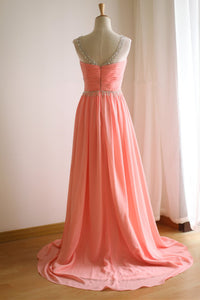 Coral Prom Dress 2024 Elegant Sleeveless Beaded Chiffon