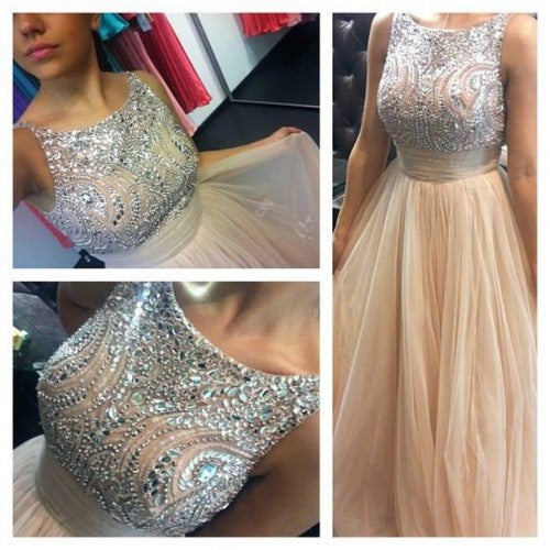 Classic Prom Dress 2024 Boat Neck Beaded Tulle Rhinestones