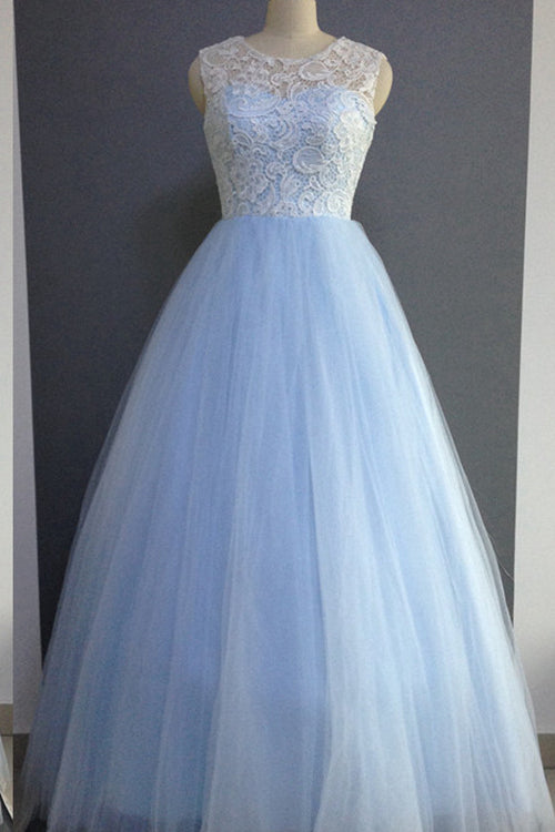 Light Blue Prom Dress 2024 Illusion Neck Tulle Puffy