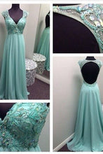Load image into Gallery viewer, Classic Prom Dress 2024 V Neck Beaded Chiffon Cap Sleeves