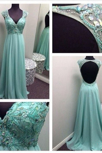 Classic Prom Dress 2024 V Neck Beaded Chiffon Cap Sleeves
