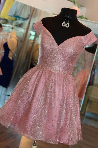 Cute Pink Homecoming Dress 2023 Short Off the Shoulder Sequined Sparkly