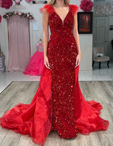 Red Prom Dress 2024 V Neck Sleeveless Sequin