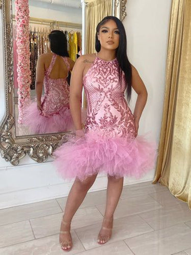 Black Girl Homecoming Dress 2023 Short Tight Halter Neck Sequin Open Back