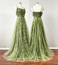 Load image into Gallery viewer, Floral Green Prom Dress 2024 Corset Back Tulle Overlay Skirt