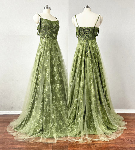 Floral Green Prom Dress 2024 Corset Back Tulle Overlay Skirt