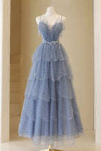 Load image into Gallery viewer, Dusty Blue Prom Dress 2024 Fairy Spaghetti Straps Tulle Sparkly