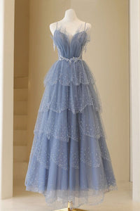 Dusty Blue Prom Dress 2024 Fairy Spaghetti Straps Tulle Sparkly