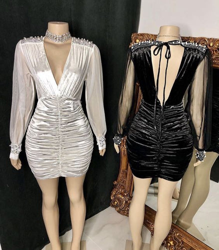 Black Girl Homecoming Dress 2023 Short V Neck Satin with Long Sleeves