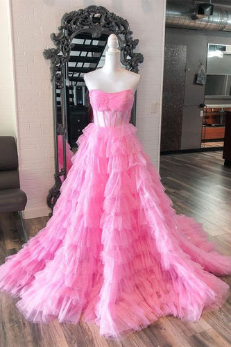 Pink Prom Dress 2024 Strapless Tulle Tiered