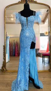 Blue Prom Dress 2024 Spaghetti Straps Lace Appliques High Split