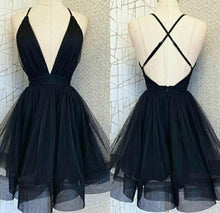 Load image into Gallery viewer, Black Homecoming Dress 2023 Short Spaghetti Straps Plunging Neck Tulle Crisscross Back