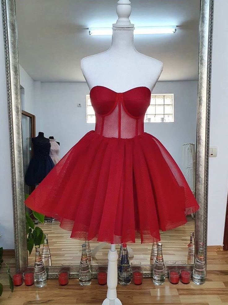 Red Homecoming Dress 2023 Short Strapless Tulle with Pleats 16W / Green Red Homecoming Dress 2023 Short Strapless Tulle with Pleats 16W / Green