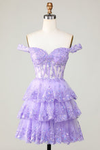 Load image into Gallery viewer, Lilac Prom Dress 2024 Short Off the Shoulder Tiered Tulle