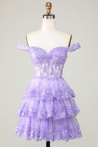 Lilac Prom Dress 2024 Short Off the Shoulder Tiered Tulle