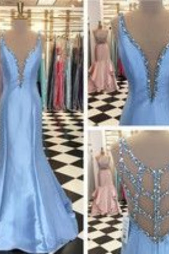 Blue Prom Dress 2024 V Neck Beaded Satin