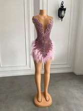 Load image into Gallery viewer, Pink Luxurious Homecoming Dress 2023 Plunging Neck Sleeveless Sexy Sequin with Feathers