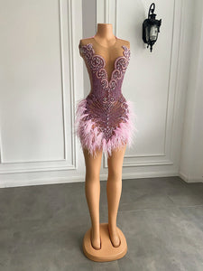 Pink Luxurious Homecoming Dress 2023 Plunging Neck Sleeveless Sexy Sequin with Feathers