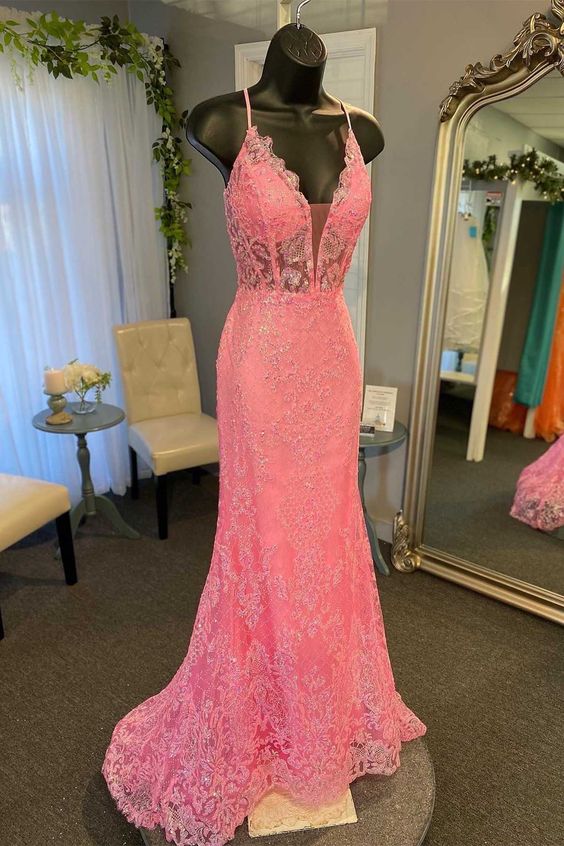 Hot Pink Prom Dress 2024 Spaghetti Sraps V Neck Lace