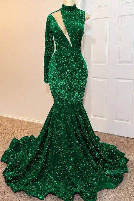 green emerald velvet dress Dark Green One Sleeve Sparkly Sequin Mermaid Prom Dress