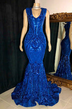 Load image into Gallery viewer, Royal Blue Prom Dress 2024 V Neck Sequin Sleeveless Mermaid