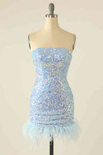 Load image into Gallery viewer, Blue Homecoming Dress 2023 Strapless Sequin with Feathers