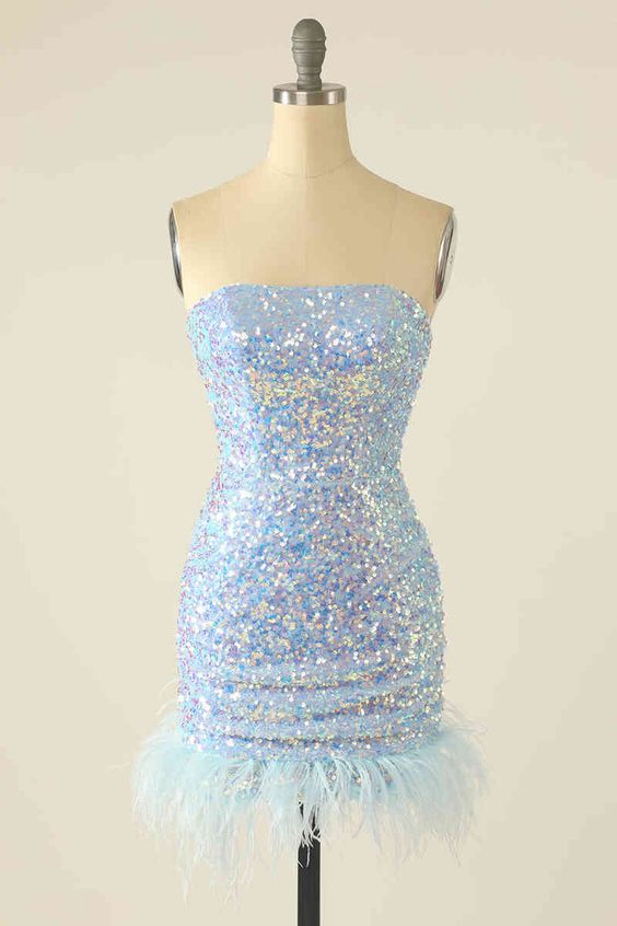 Blue Homecoming Dress 2023 Strapless Sequin with Feathers