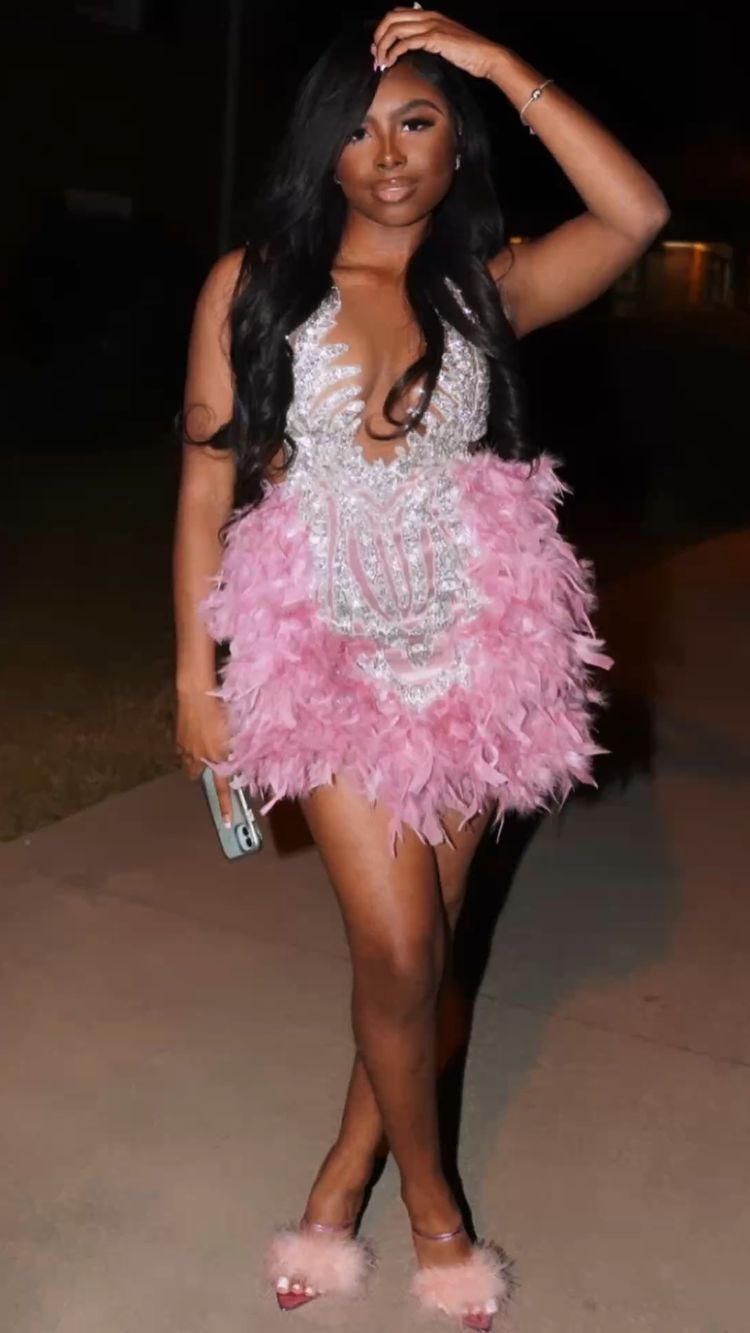 Black Girl Homecoming Dress 2023 Short Tight Plunging Neck Sleeveless Sequin with Feathers 24W / Green Black Girl Homecoming Dress 2023 Short Tight Plunging Neck Sleeveless Sequin with Feathers 24W / Green