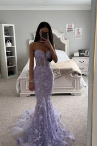 Lilac Prom Dress 2024 Strapless Mermaid Tulle with Appliques