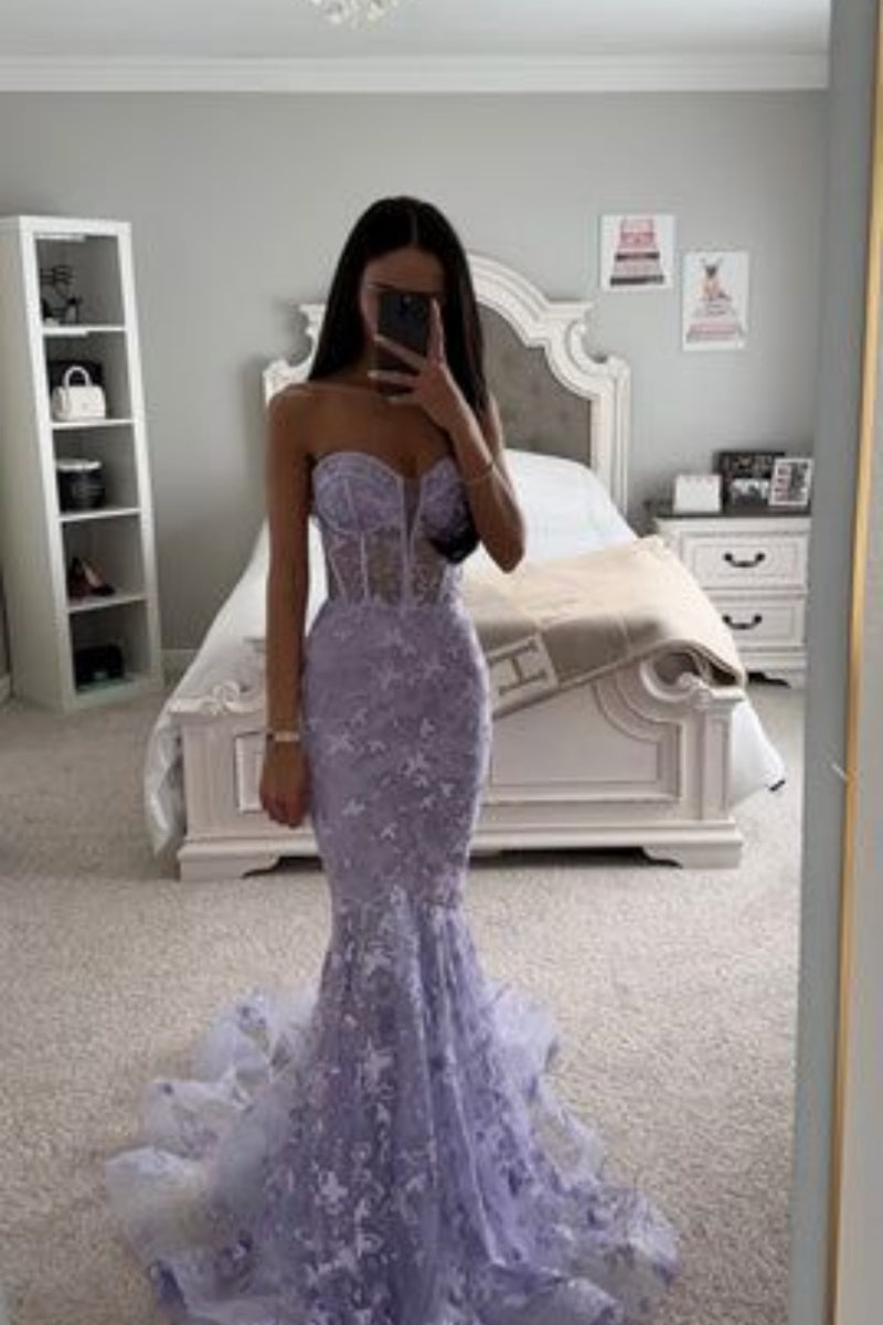 Lilac Prom Dress 2024 Strapless Mermaid Tulle with Appliques