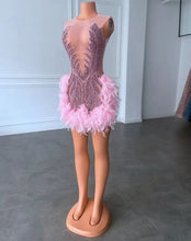 Load image into Gallery viewer, Pink Black Girl Homecoming Dress 2023 Short Tight Plunging Neck Sleeveless Sequin with Feathers