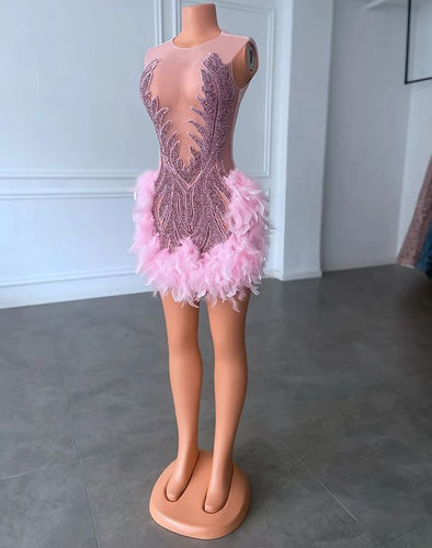 Pink Black Girl Homecoming Dress 2023 Short Tight Plunging Neck Sleeveless Sequin with Feathers