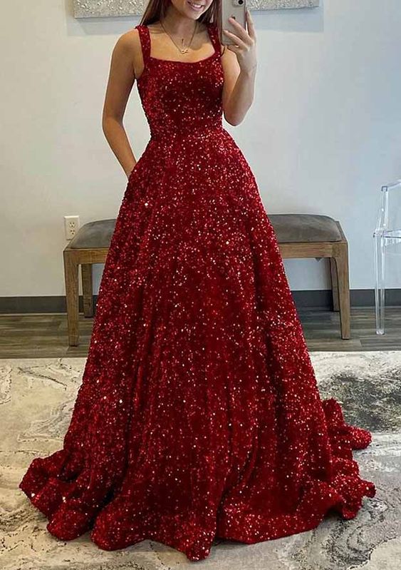 Red Prom Dress 2024 Square Neck Sleeveless Sequin Custom Size / Black Red Prom Dress 2024 Square Neck Sleeveless Sequin Custom Size / Black
