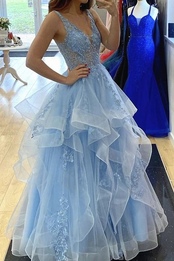 Blue Prom Dress 2024 V Neck Strapless Lace Appliques Tulle