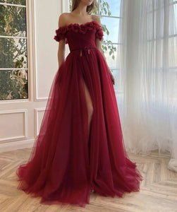 Burgundy Prom Dress 2024 Off the Shoulder Tulle with Slit