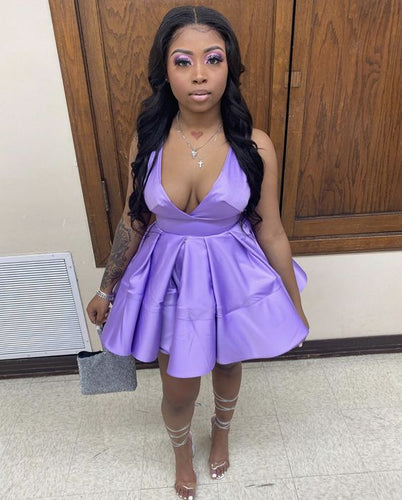 Purple Homecoming Dress 2023 Short Spaghetti Straps Satin With Pleats