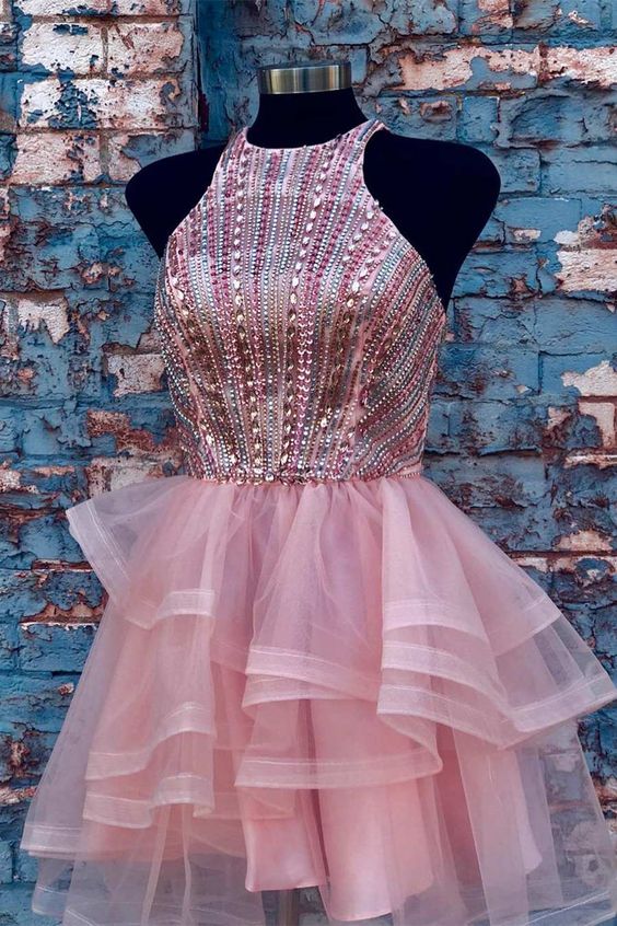 Dusty Pink Homecoming Dress 2023 Short Halter Neck Tulle Horsehair Rhinestones