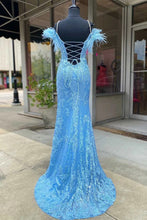 Load image into Gallery viewer, Blue Prom Dress 2024 Spaghetti Straps Lace Appliques High Split