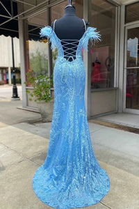 Blue Prom Dress 2024 Spaghetti Straps Lace Appliques High Split