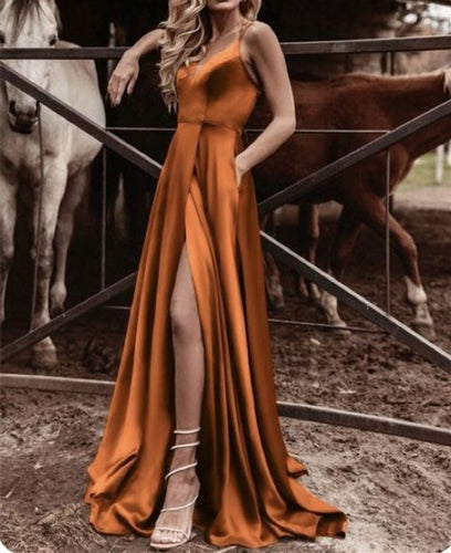 Burnt Orange Satin Bridesmaid Dress 2025 High Slit with Pockets